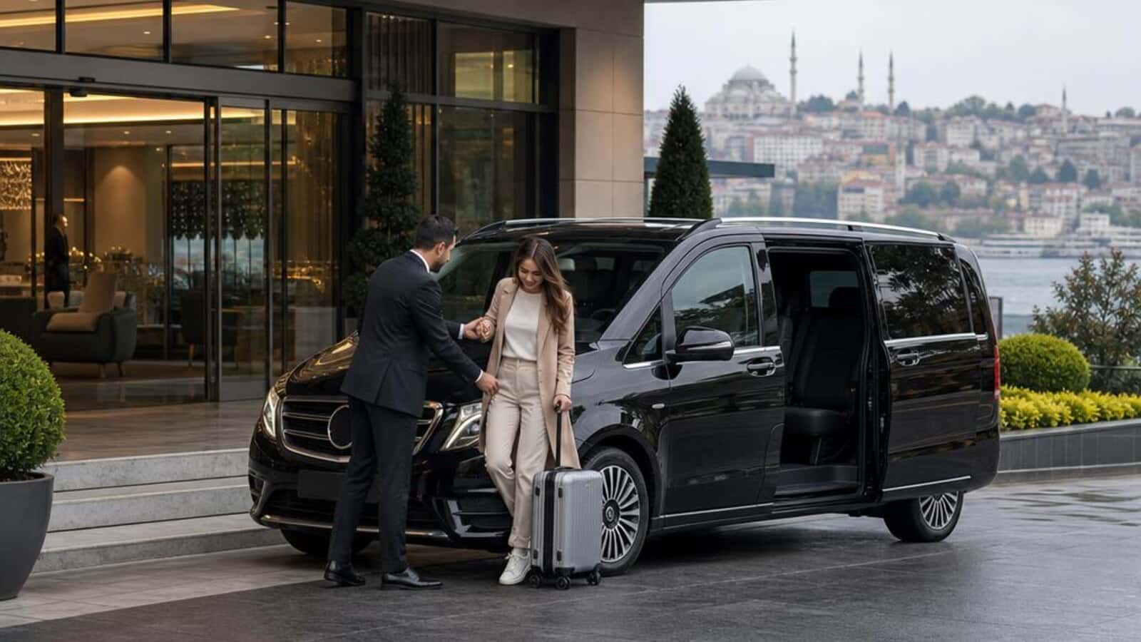 Modern klinik girişinde sağlık turizmi misafirini karşılayan VIP transfer aracı.