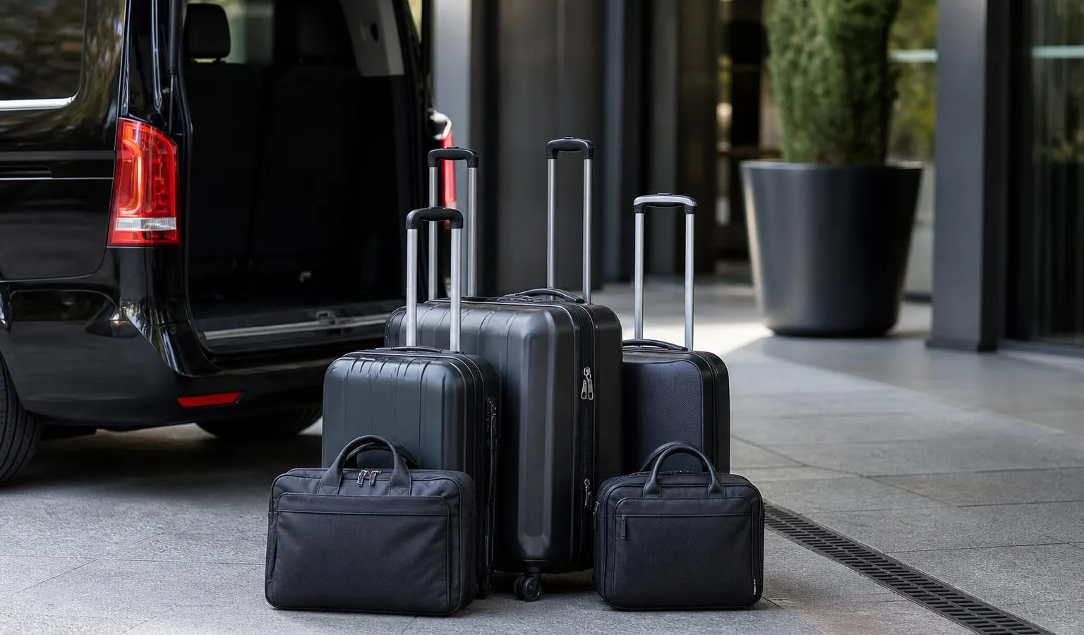 Het laden van zakelijke groepsbagage in het voertuig voor een beursbezoek